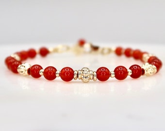 Dainty 4mm Natural Carnelian Bracelet, Genuine Gemstone Bracelet, 14K Gold Filled Carnelian Beaded Bracelet, Handmade Jewelry, Gift For Her
