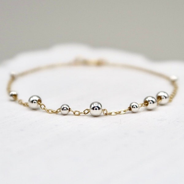 Minimalist Two Tone Bracelet, Simple 14K Gold Filled Chain Sterling Silver Beads Stackable Bracelet, Gold And Silver Mixed Metal Jewelry