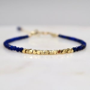 Natural Faceted Lapis Lazuli Dainty Bracelet With Gold Filled Nugget Beads, Thin Tiny 2mm Lapis Lazuli Genuine Gemstone Stacking Bracelet