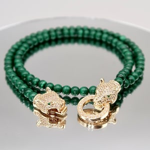 Unique 14K Gold Filled 4mm Genuine Malachite Necklace, AAA Malachite Panther Interlocking Necklace, Handmade Malachite Gemstone Jewelry