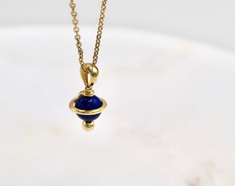 Dainty Planet Pendant Necklace, Minimalist Natural Lapis Lazuli Necklace On 14K Gold Filled Chain, Gold Saturn Pendant Gemstone Necklace