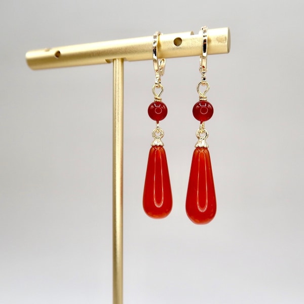 Original Handmade Red Chalcedony & Carnelian Gemstone Teardrop Earrings, Classica Drop Earrings, Unique Red Drop Earrings, Gemstone Earrings