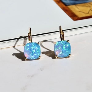 SALE Minimalist Fire Opal Gold Huggie Hoop Earrings, Blue Opal Red Opal White Opal Large Square Sterling Silver Earrings, Gifts For Her image 3