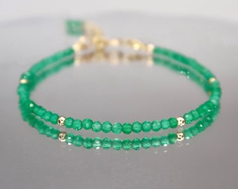 Minimalist 2mm Faceted Green Onyx Bracelet, Adjustable Thin Natural Green Onyx Bracelet, 14K Gold Filled or Silver Filled Gemstone Bracelet