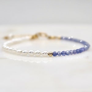 Dainty 2mm Genuine Tanzanite Bracelet, Delicate Tanzanite and Freshwater Pearl Bracelet, December Birthstone, Stacking Gemstone Bracelet