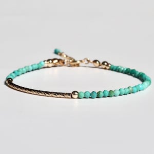 Tiny Turquoise Dainty Bracelet, Adjustable Faceted Genuine Gemstone Beaded Bracelet, 2 mm Natural Turquoise 14K Gold Stacking Bracelet