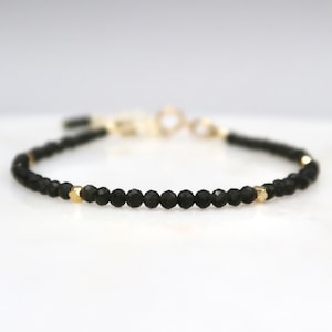 Minimalist 2mm Faceted Black Obsidian Bracelet, Adjustable Thin Black Obsidian Gemstone Bracelet, Crystal Beaded Bracelet, Handmade Gift