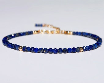 Lapis Lazuli Dainty Bracelet, Adjustable Faceted Genuine Gemstone Beaded Bracelet, 2 mm Natural Lapis Lazuli Gold Filled Stacking Bracelet