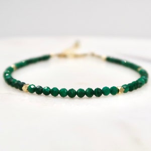 Adjustable Genuine Malachite Bracelet With 14K Gold Filled Beads, Tiny Faceted Gemstone Beaded Bracelet, 2 mm Natural Malachite Bracelet