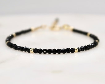 Dainty 2mm Genuine Spinel Bracelet, Adjustable Minimalist Faceted Gemstone Beaded Black Spinel Bracelet, 14K Gold Filled Stacking Bracelet