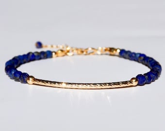 Lapis Lazuli Bracelet, Adjustable 3.5mm Faceted Genuine Gemstone Stacking Bracelet, 14K Gold Filled Blue Beaded Bracelet December Birthstone