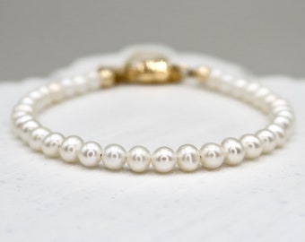 Dainty 4 mm Freshwater Pearl Bracelet, Handmade Genuine Small Pearl Bracelet, Minimalist June Birthstone 14K Gold Magnetic Clasp Bracelet