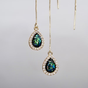 Boucles d'oreilles enfile-goutte d'opale, boucles d'oreilles opale de feu créées en laboratoire, pendants d'oreilles opale noire avec zircone, pierre de naissance d'octobre, cadeau fait main