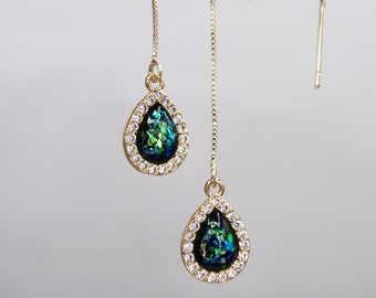 Orecchini a goccia in opale, orecchini in opale di fuoco creato in laboratorio, orecchini pendenti in opale nero con zirconi, pietra portafortuna di ottobre, regalo fatto a mano