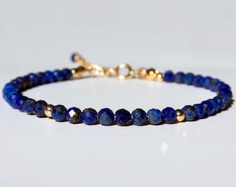 Adjustable 3 mm Faceted Lapis Lazuli Bracelet, December Birthstone Genuine Gemstone Beaded Bracelet, 14K Gold Filled Stacking Bracelet