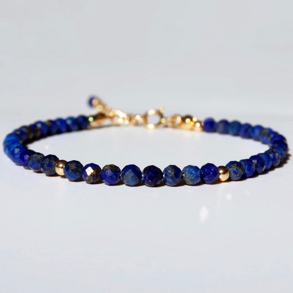 Adjustable 3.5m Faceted Lapis Lazuli Bracelet, December Birthstone Genuine Gemstone Beaded Bracelet, 14K Gold Filled Stacking Bracelet