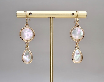 Elegant 14K Gold Filled Natural Mother of Pearl Earrings, Unique Handmade Mother Of Pearl Drop Earrings, Tiny Abalone Shell Drop Earrings