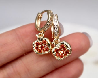 Dainty Gold Pomegranate Earrings, Unique 14K Gold Filled Cubic Zirconia Pomegranate Huggie Hoops Earrings, Fruit Earring, Handmade Gift