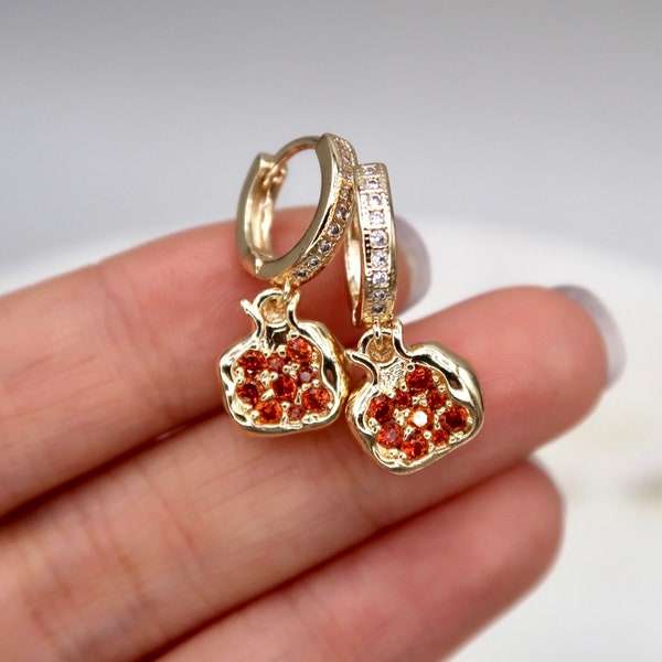 Dainty Gold Pomegranate Earrings, Unique 14K Gold Filled Cubic Zirconia Pomegranate Huggie Hoops Earrings, Fruit Earring, Handmade Gift
