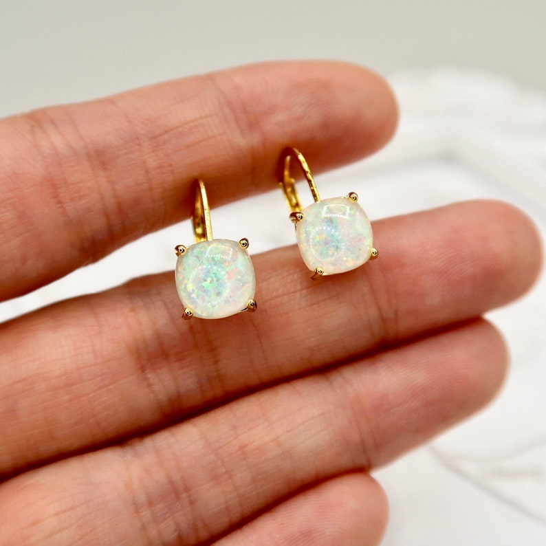 SALE Minimalist Fire Opal Gold Huggie Hoop Earrings, Blue Opal Red Opal White Opal Large Square Sterling Silver Earrings, Gifts For Her image 2