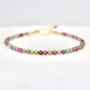Dainty 2mm Multicolor Watermelon Tourmaline Bracelet, Minimalist Gold or Silver 7A Tourmaline Gemstone Bracelet, October Birthstone Jewelry