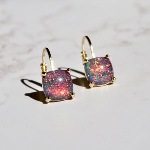SALE Minimalist Fire Opal Gold Huggie Hoop Earrings, Blue Opal Red Opal White Opal Large Square Sterling Silver Earrings, Gifts For Her image 10