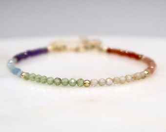 Minimalist 14K Gold Filled Rainbow Bracelet, Rainbow Bracelet With Multi Gemstone Beads, Handmade Pride Bracelet, Love is Love Bracelet