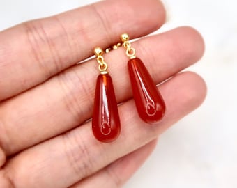 Minimalist Red Chalcedony Teardrop Earrings, 14K Gold Filled Carnelian Drop Earrings, Deep Orange Red Gemstone Studs, Handmade Red Earring