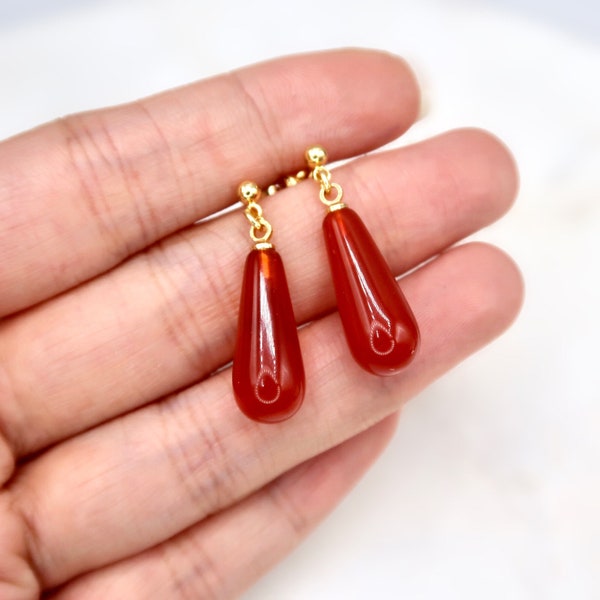 Minimalist Red Chalcedony Teardrop Earrings, 14K Gold Filled Drop Earrings, Deep Orange Red Gemstone Studs, Handmade Dainty Red Earrings