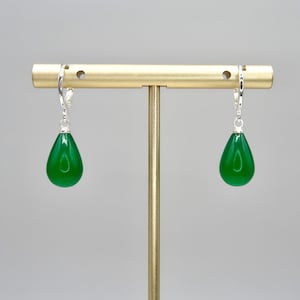 Minimalist Small Green Chalcedony Teardrop Earrings, Gold Filled or Silver Filled Green Drop Earrings, Handmade Green Gemstone Huggie Hoops