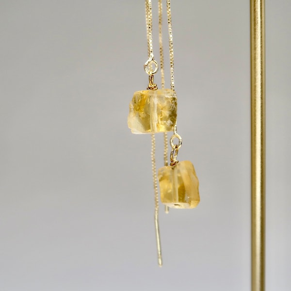 Dainty Raw Citrine Threader Earrings, 14K Gold Filled 8-10mm Natural Citrine Crystal Earrings, November Birthstone Handmade Gemstone Jewelry