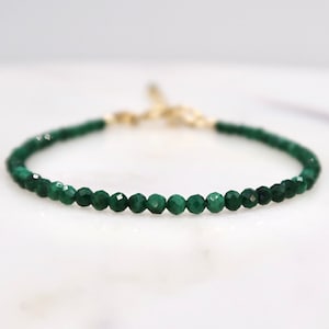 Adjustable Minimalist Malachite Bracelet, Tiny Faceted Gemstone Beaded Bracelet, Simple 2 mm Genuine Malachite Crystal Stacking Bracelet