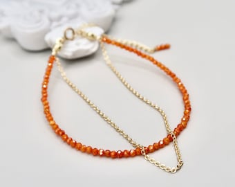 Minimalist Tiny 2mm Orange-Red Beads Double Layer Bracelet, Super Sparkling Thin Stacking Bracelet, Halloween Pumpkin Color Bracelet