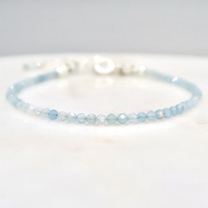 Minimalist 2mm Aquamarine Bracelet, Genuine Aquamarine Gemstone Bracelet, Thin Light Blue Stacking Bracelet, March Birthstone Bracelet