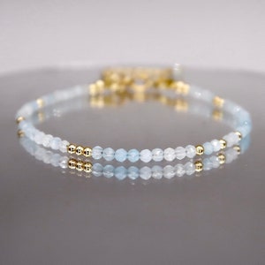 Minimalist 2mm Aquamarine Bracelet, Thin Genuine Aquamarine Gemstone Bracelet, 14K Gold Filled Stacking Bracelet, March Birthstone Jewelry