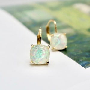 SALE Minimalist Fire Opal Gold Huggie Hoop Earrings, Blue Opal Red Opal White Opal Large Square Sterling Silver Earrings, Gifts For Her image 1