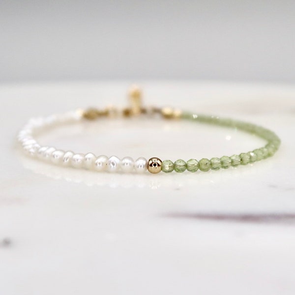 Dainty 2mm Genuine Peridot Bracelet, Delicate Sparkle Peridot With Freshwater Seed Pearl Bracelet, August Birthstone, Thin Gemstone Bracelet