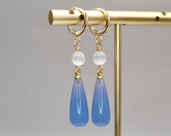 Eleganta blå droppformade örhängen, unisex vita kattöga- och blå kalcedon-hängande örhängen, klassiska handgjorda ädelstenssmycken