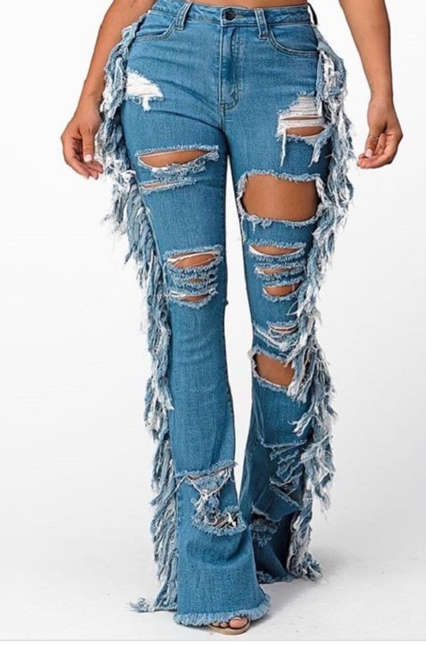 Distressed ripped fringe jeans | Etsy