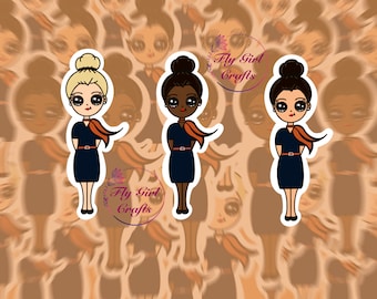 May include: Three cartoon illustrations of flight attendants with different skin tones. Each illustration features a woman with a blue dress, an orange scarf, and a black belt. The text "Fly Girl Crafts" is visible in the background.