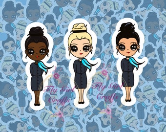 May include: Three cartoon illustrations of flight attendants with different skin tones. Each illustration features a woman with a blue uniform, a blue scarf, and a bun. The background is a blue pattern of smaller cartoon flight attendants.
