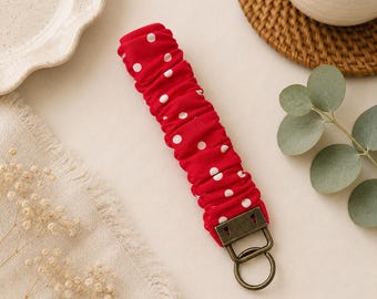 Red poka dot scrunchie keychain wristlet - handmade with rustic metal clasp