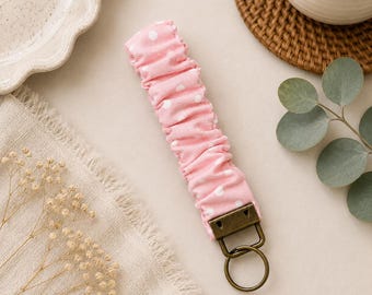 Pink polka dot scrunchie keychain wristlet - handmade with rustic metal clasp
