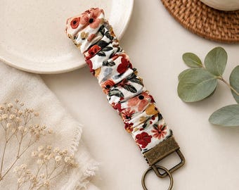 Vitage floral scrunchie keychain wristlet - handmade with rustic metal clasp