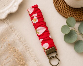 Strawberry fields scrunchie keychain wristlet - handmade with rustic metal clasp