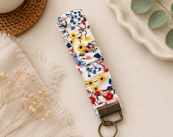 Bright floral scrunchie keychain wristlet - handmade with rustic metal clasp