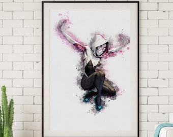 Gwen Stacy, Spider Verse,  Watercolor Print, Superhero, Movie Poster, Avengers, Comics, Wall, Kids Room Decor, Home Decor,Gwen Stacy Digital