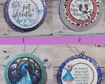 Round Freshie w/ Cardstock, Glitter, Custom Car Freshie, Air Freshener, Aromatherapy, Freshy Aroma Beads, Hanger, Scents, Gift, Accessories