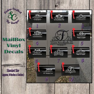 Op de afbeelding: Een display van zwarte vinylstickers voor brievenbussen met diverse adresontwerpen. De stickers worden getoond op zwarte brievenbussen. De tekst "MailBox Vinyl Decals" is zichtbaar, samen met de afmeting: ongeveer 25 cm x 13 cm.
