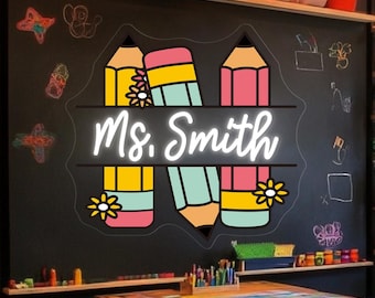 Benutzerdefinierte Lehrer Name Bleistift Neon Schild, Lehrer Willkommen LED Neonlicht, Klassenzimmer Wand Kunst Dekor, Geschenk für Lehrer, Zurück in der Schule Geschenk